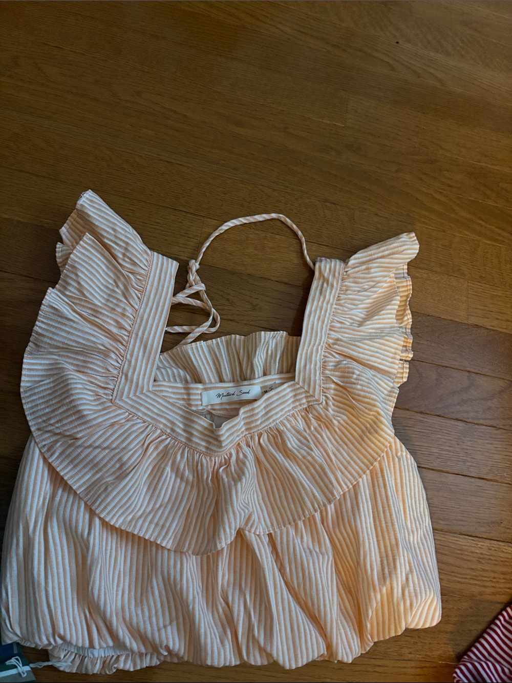 Mustard Seed Cream & Pale Peach Striped Ruffle Tank - Girls size medium